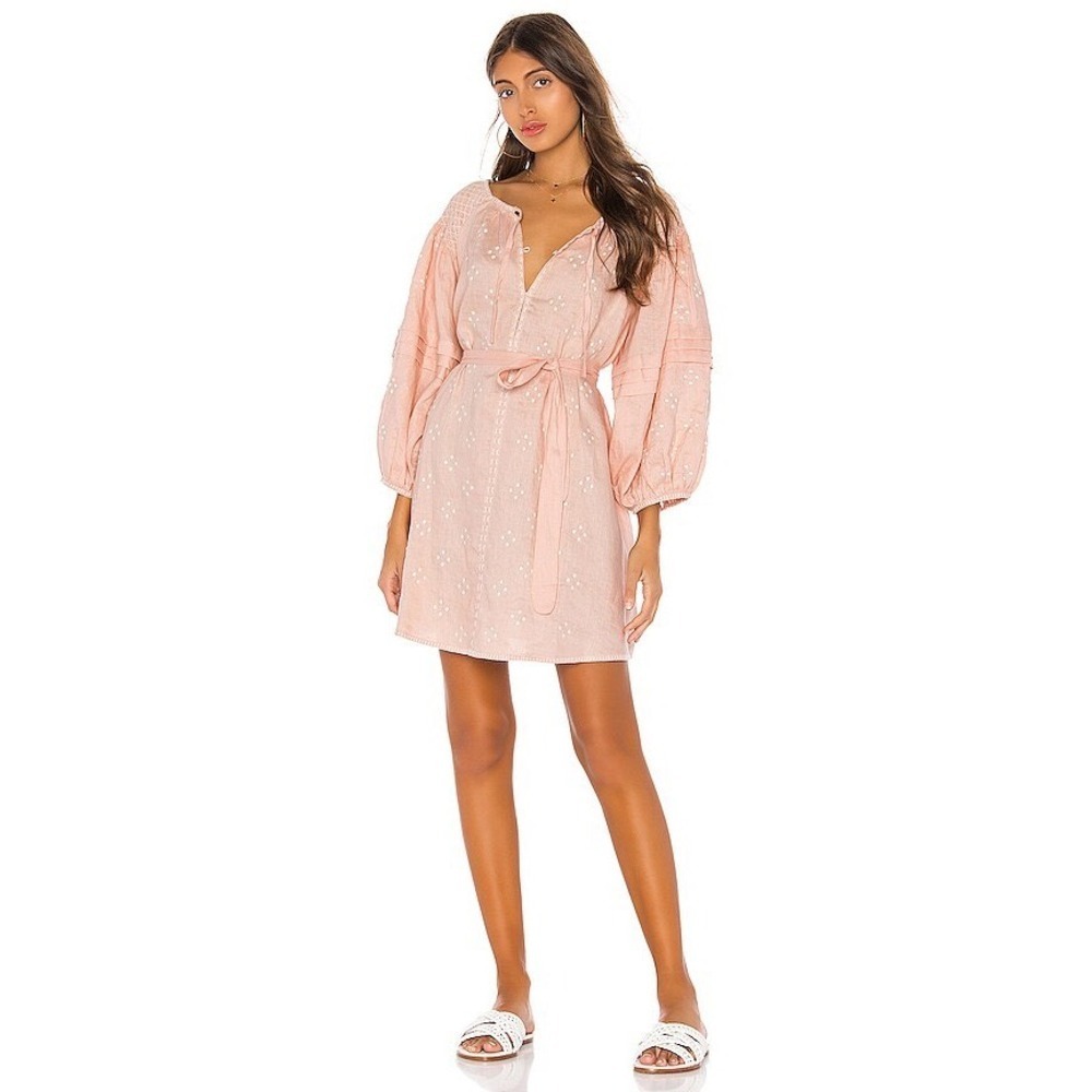 Innika Choo Hans Ufmafrok Peach Linen Embroidered Mini Smock Dress OS Size 3